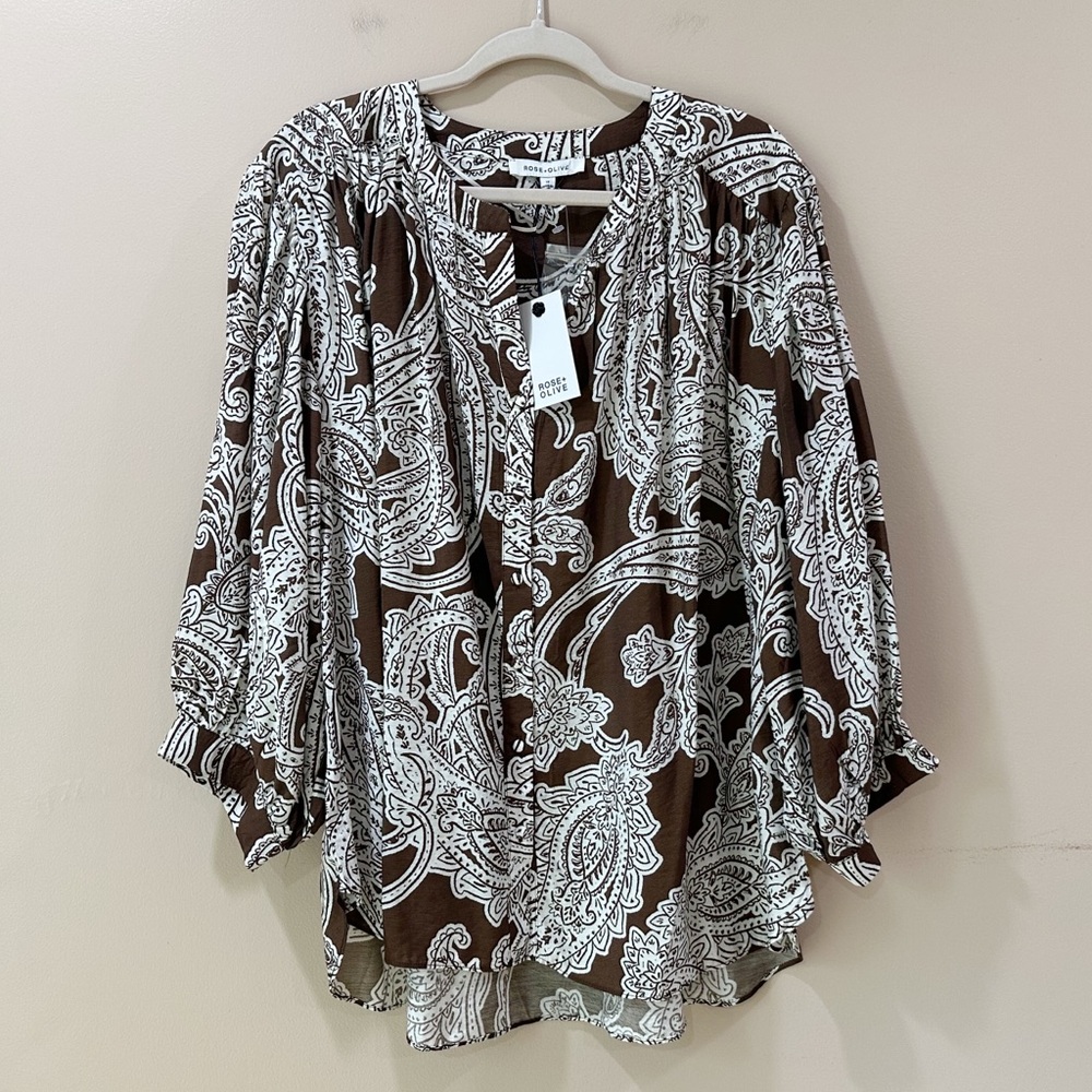 NWT Rose + Olive Brown White Paisley Tunic Blouse Button Up Women's Plus 1X